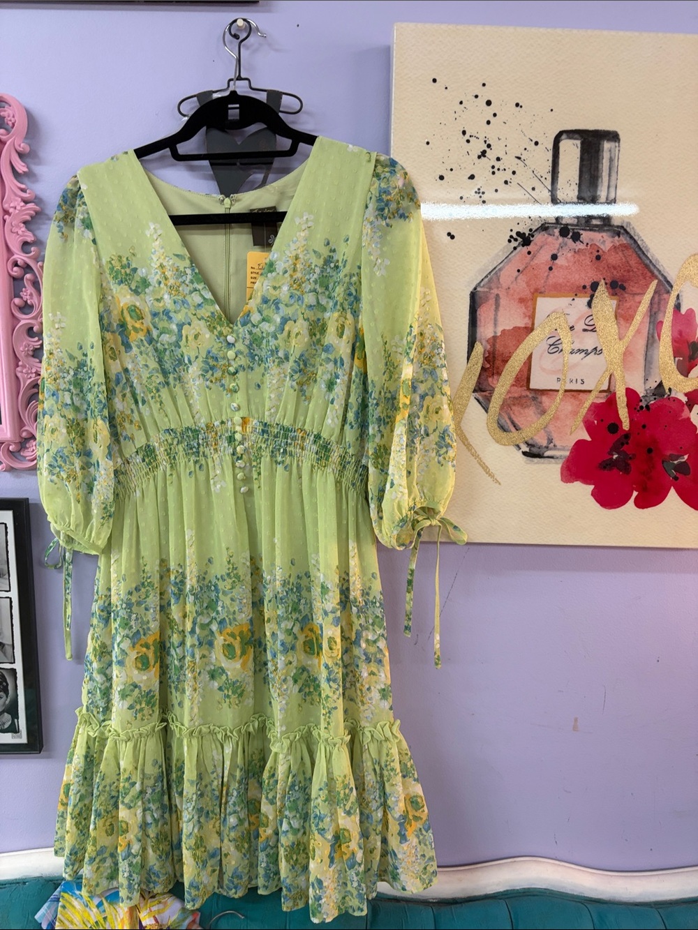 Floral V-Neck Light Green Tiered Midi Dress